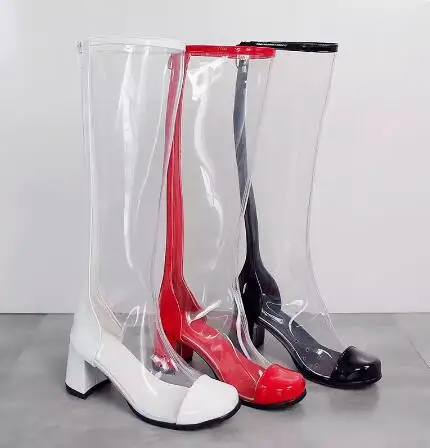 Retro Girls White Black Red Patchwork Transparent PVC Square Toe Knee High Boots Women 65 mm Block Heel Zipper Back Long Boots