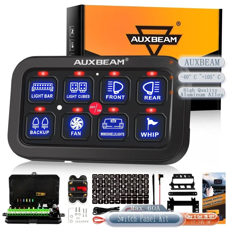 Auxbeam Universal 8 Gangs Blue Backlight On-Off Control Switch Panel Kit without App Control (1 Sided Outlet or 2 Sided Outlet)