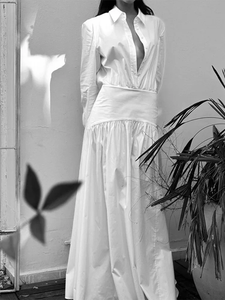 

New 2026 Casual Lapel Long Sleeve Ankle Length Dresses Women's Fashion Loose White Cotton Dress Elegant Classic Female Dress