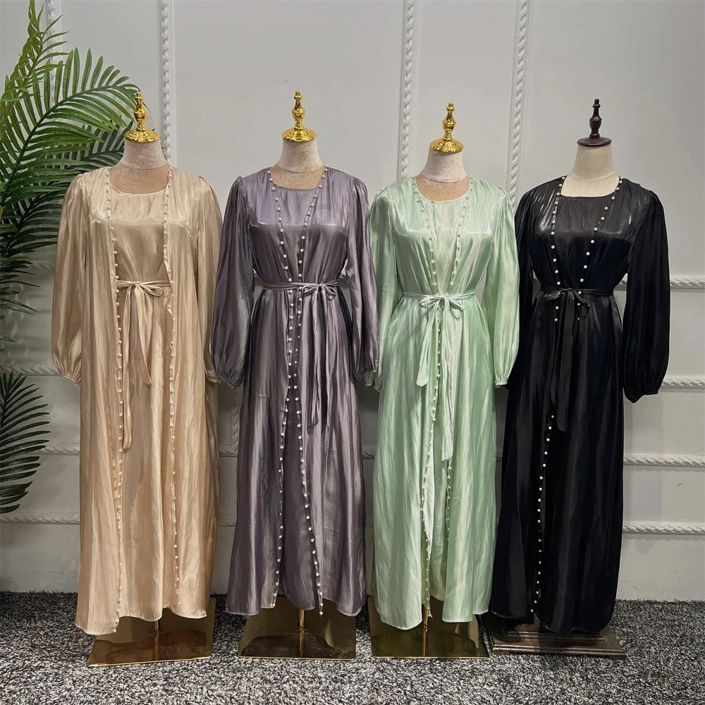 Elegant Muslim Abaya 2 Pieces Matching Sets Beads Satin Women Hijab Dress Evening Gown Turkey Arab Islam Outfits Caftan Moroccan