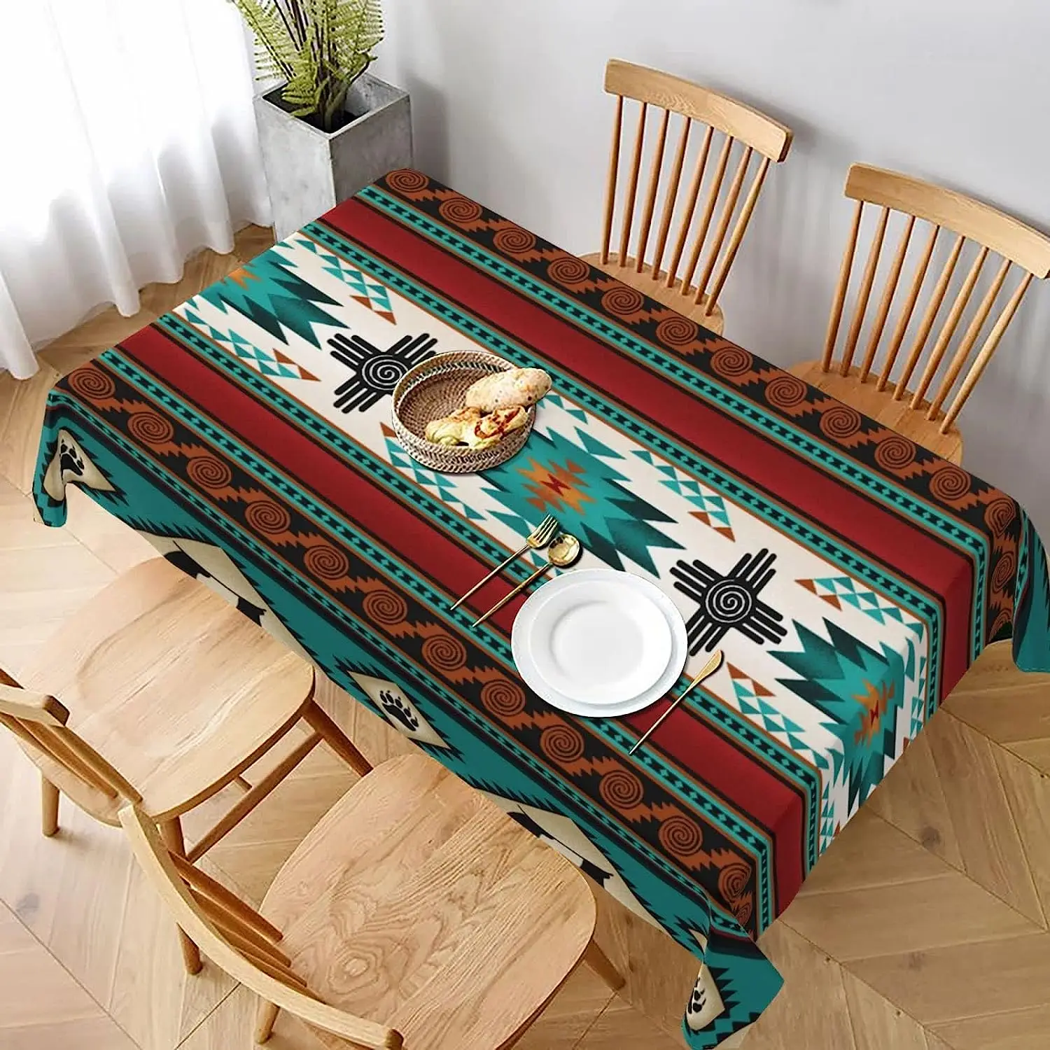 Bohemian Turquoise Aztec Native Waterproof Rectangular Tablecloth Ethnic Party Tablecloth for Kitchen Restaurant Party Decor