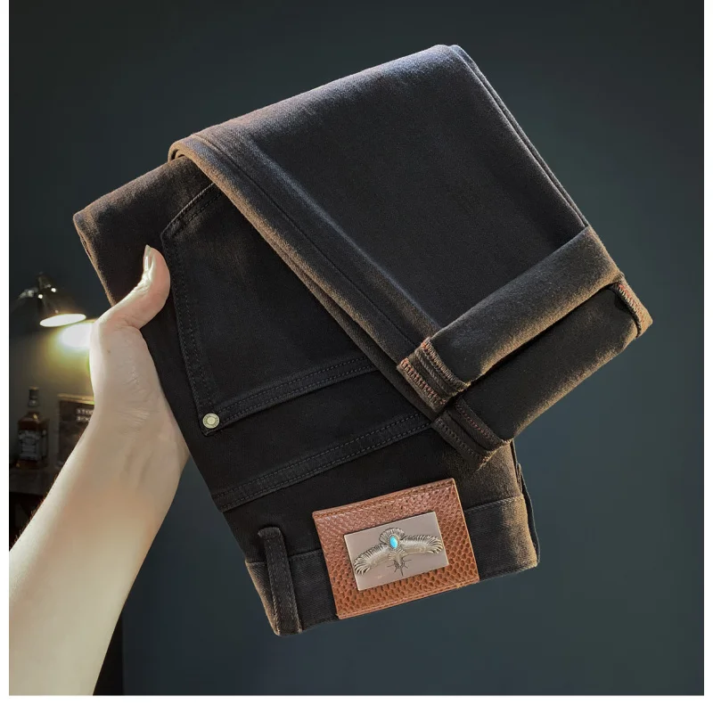 

Черные мужские джинсы с маленькими штанинами, модные легкие, роскошные, новинка 2025 года, повседневные эластичные осенние и зимние толстые брюки