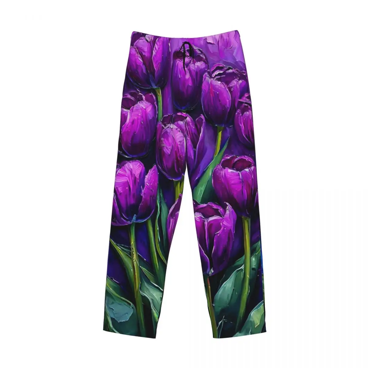 Custom Purple Tulip Oil Painting Print Pajama Pants Men Sleepwear Sleep Lounge Bottoms with Pockets