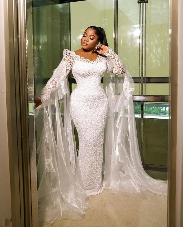 White Embroidered Plus Size Wedding Dress Elegant Lace Embroidery Long Sleeve African Birthday Party Custom vestidos de festa