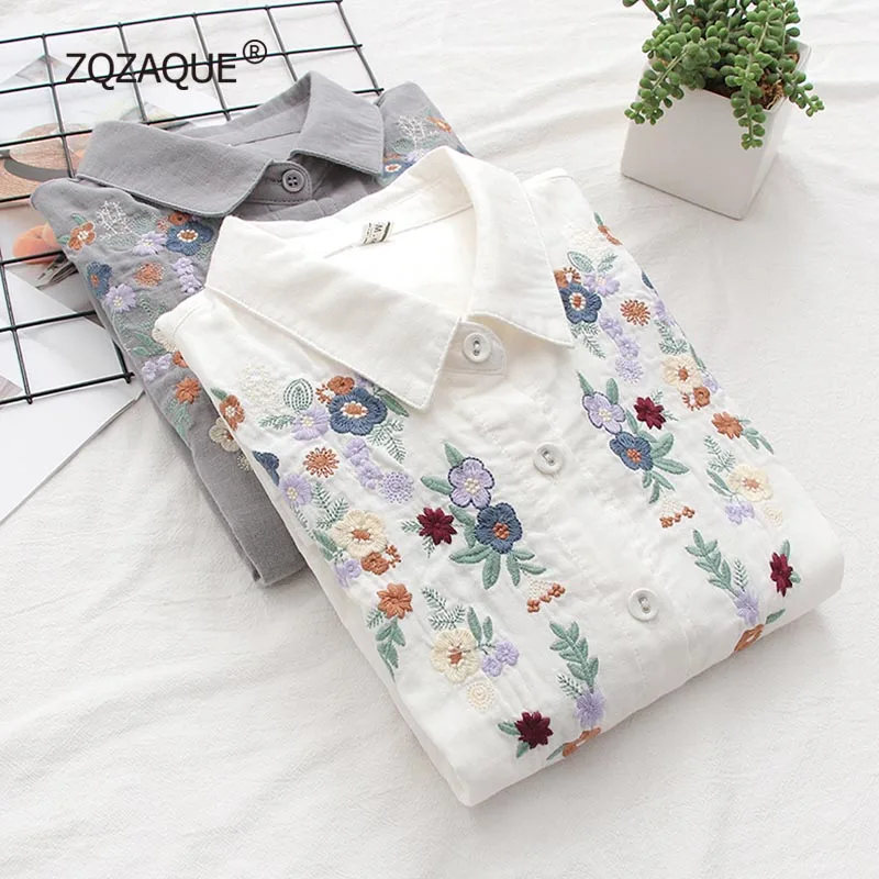 Spring Autumn New Comfortable Cotton Shirts Double Layer Embroidery Florals Casual Tops Long Sleeve All-match Blouses S065