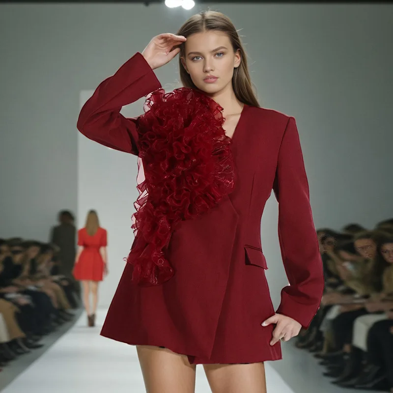 

Women's High-end Long Sleeve Blazer Coat Mesh Floral Patchwork Autumn New Fashion Elegant Business Casual Coat