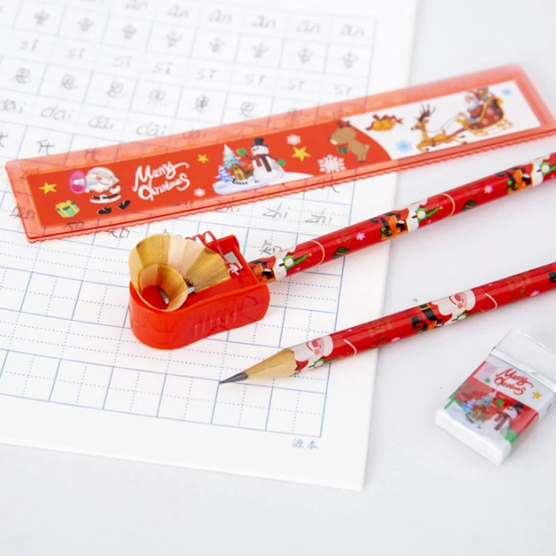 6Pcs/set Christmas Series Kids Stationery Students Ruler Pencil Eraser Pencil Sharpener Notepad Kit School Rewards Supplies