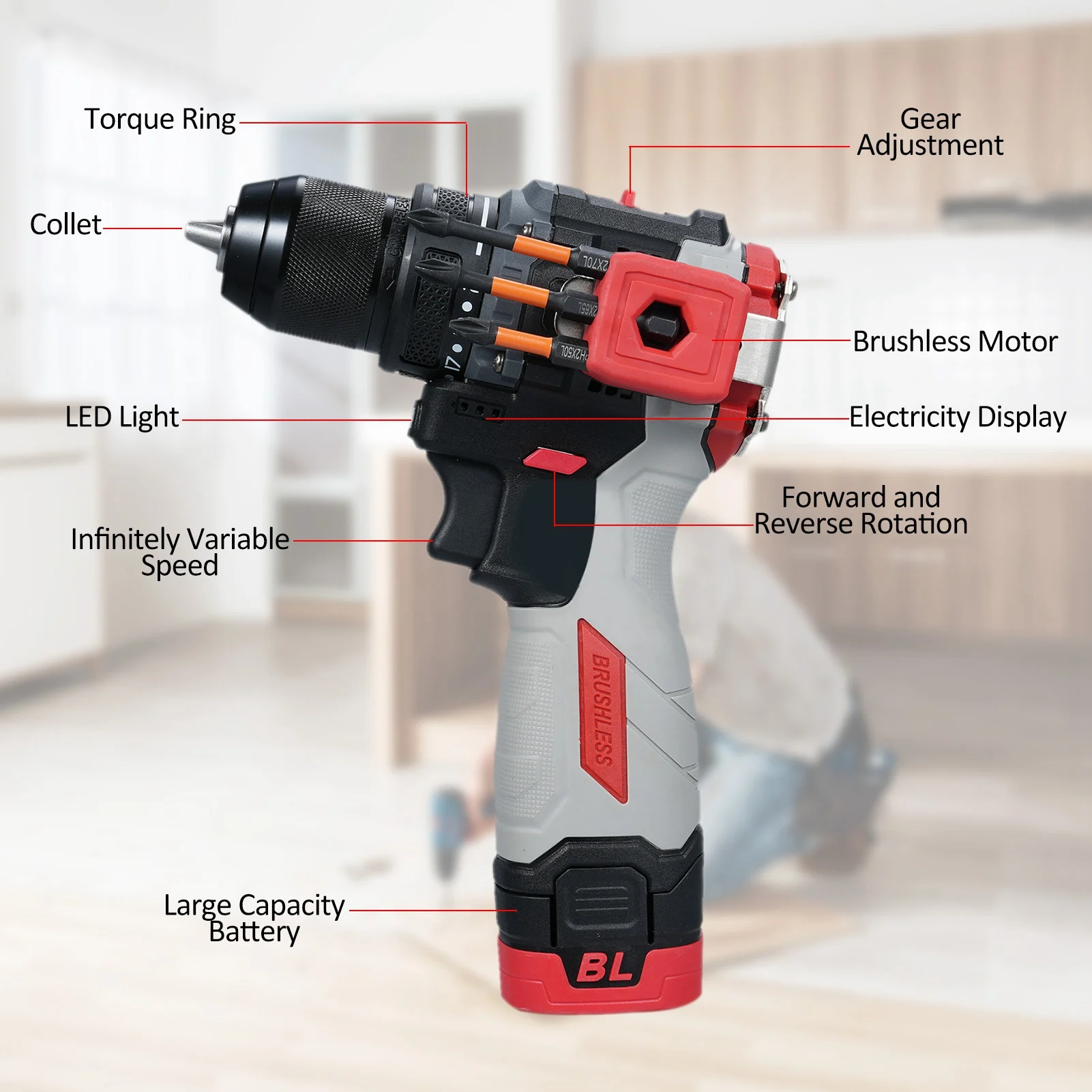 

Hammer Drill 16.8V Brushless Power Drill Set Rechargeable Drill with Battery and Charger 45N.M Torsion 2 Variable Speed