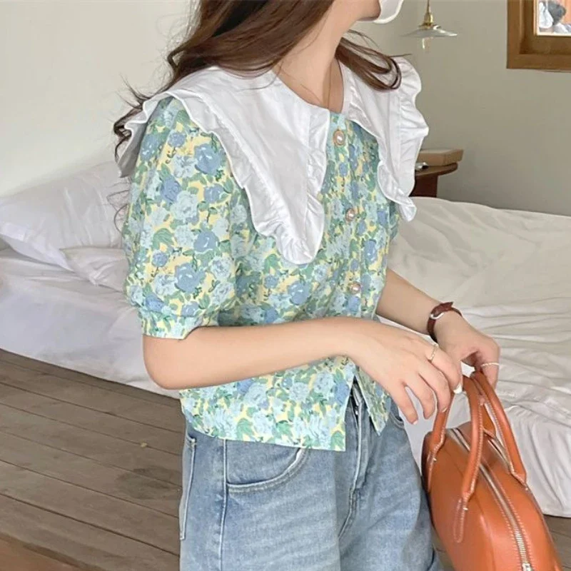 Floral Shirts Women Crop Tops Vintage Temperament Peter Pan Collar Sweet Summer Thin Casual Chic Korean Style Ins Camisas Mujer