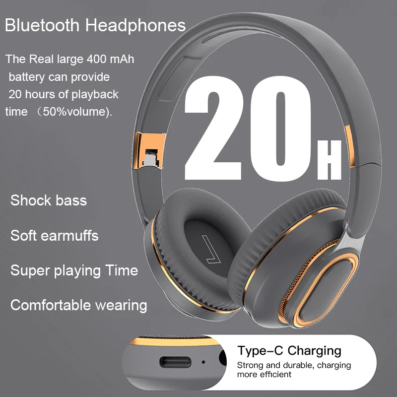 

New H007 Bluetooth Headphones Wireless Headsets With Mic Noise Cancelling Shock Bass Stereo Earphones 20H Playing Support TF FM