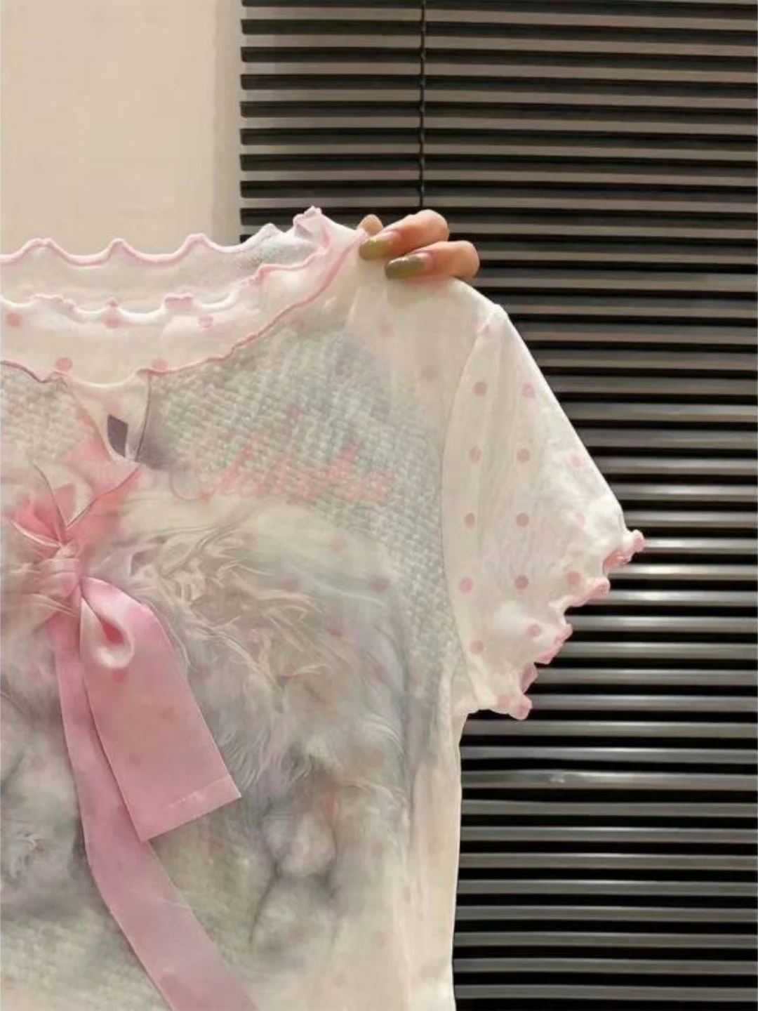 Korean Style Short Sleeve  Polka Dot Design T-Shirt Sweet Style under Shirt  Knot Inner Wear Base Shirt Top