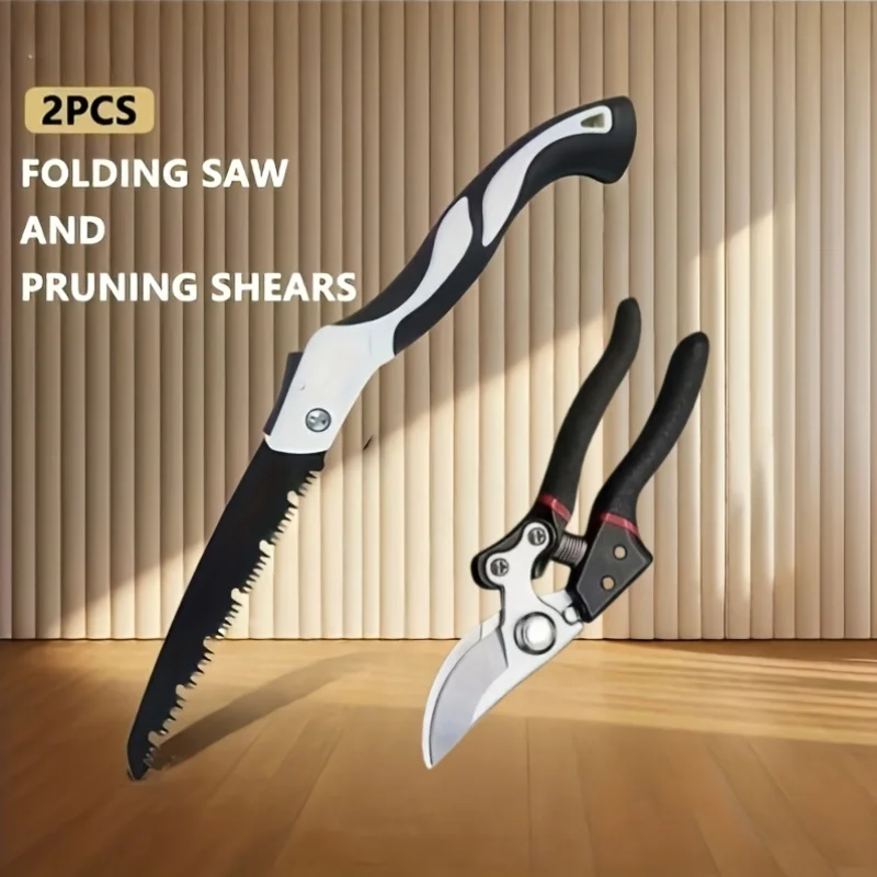 Heavy Duty Folding Saw & 8" Japanese Pruning Shears, Non-Slip Grip Garden Tool Set