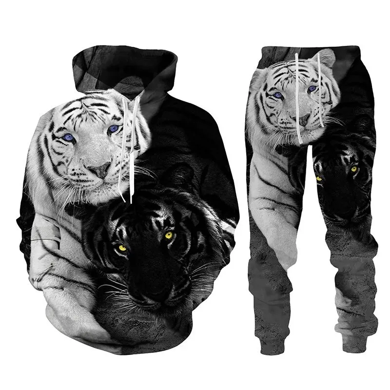 Set hoodie pria, kaus hoodie hewan harimau, celana olahraga bercetak dua potong, Set pakaian mode musim gugur untuk pria