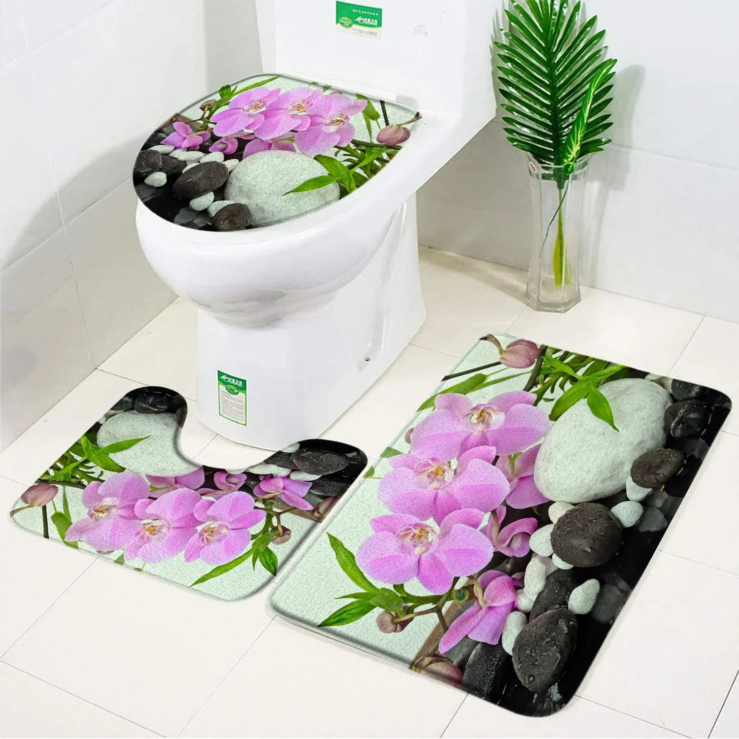 Zen Stone Green Bamboo Flower Bath Mat 3 Pcs Set Bathroom Decor Rug Carpet Anti-Slip Toilet Lid Cover Bathroom Accessories Set