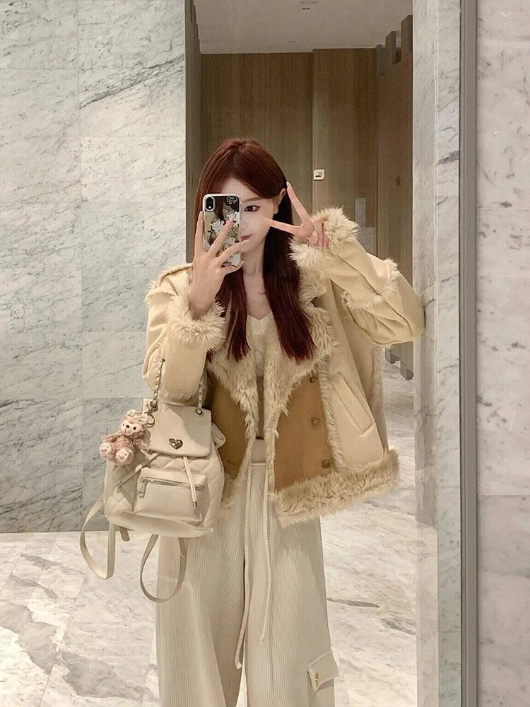 

Женская зимняя куртка из овечьей шерсти с вставками, дизайнерская, премиум-класса, в байкерском стиле, мягкая, повседневная, свободного кроя, на пуговицах