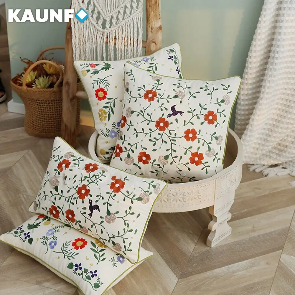 KAUNFO Cotton Embroidered Flower Plant Cushion Cover Sofa Bed Throw Pillow Cases Home Decoration Gift 30x50/45x45cm