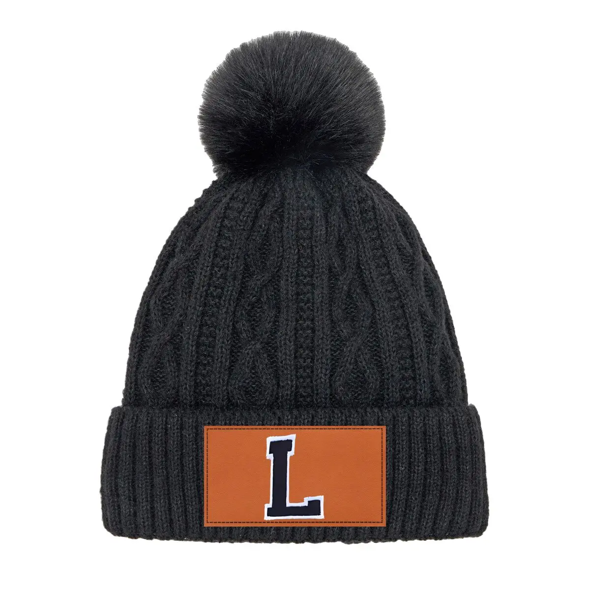 Black L Bold Design Unisex Pompom Knit Hat New Year Gift Party Wear