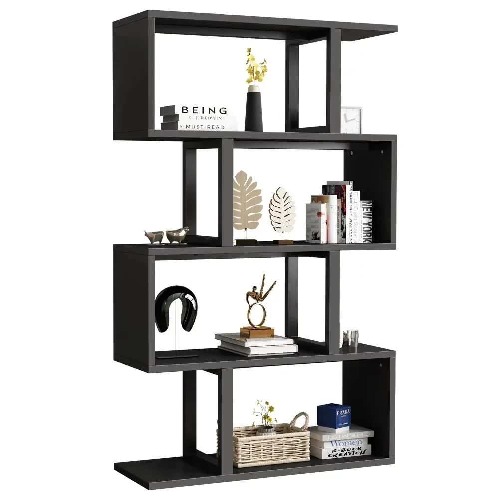 5-Tier S-Shaped Bookshelf, Geometric Bookcase Wooden Z-Shelf Storage Modern Open Shelving, Bookshelf for Living Room Home, Black