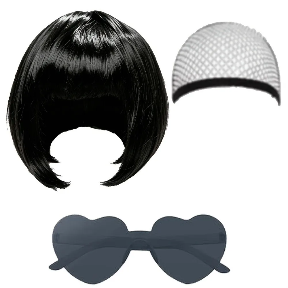 3Pcs Colorful Short Bob Hair Wig Christmas Halloween Cosplay Wig Set Party with Hairnet and Glasses Short Bangs
