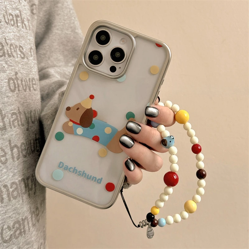 INS Cute Colorful Spots Puppy Phone Case For Iphone 15 12 11 13 Pro Max 14 Plus 3D Puppy Chain Hard Cover