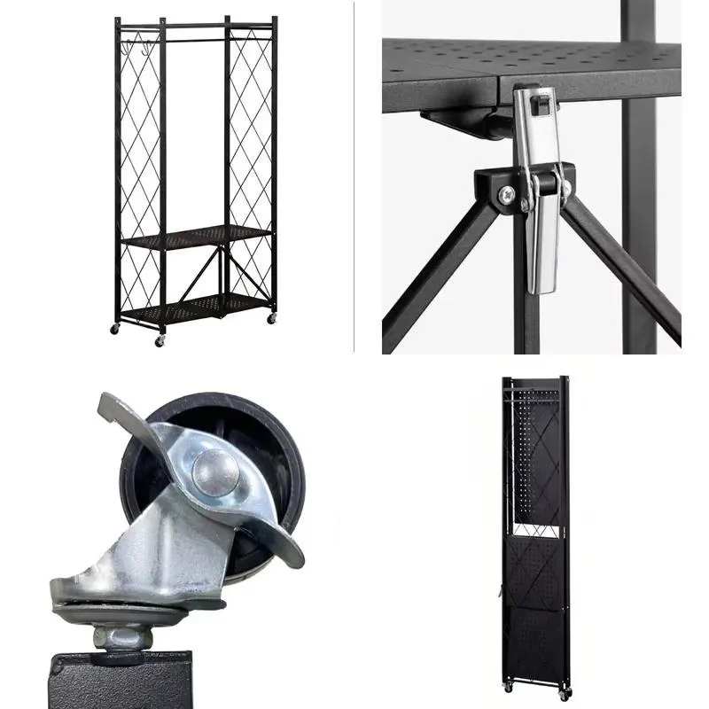 Rollable Three Layer Black Diamond Mesh Freestanding Metal Clothing Retail Display Stand with Casters and Hanging Rods