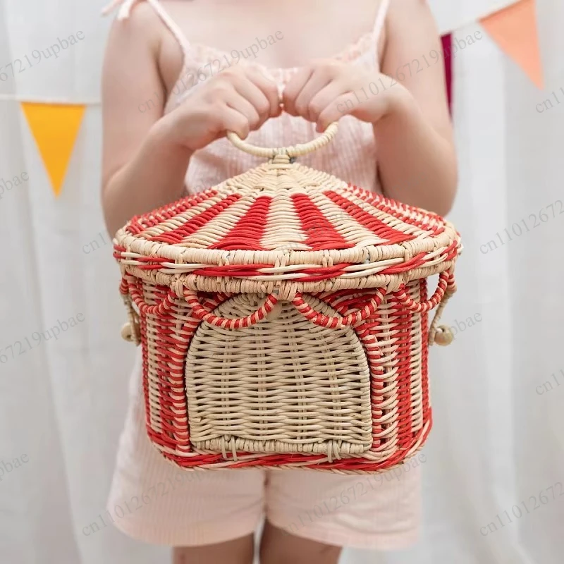 Nordic Style Rattan Storage Basket with Lid, Kids Organizer, Dirty Clothes Hamper for Living Room Bedroom Sundries Storage
