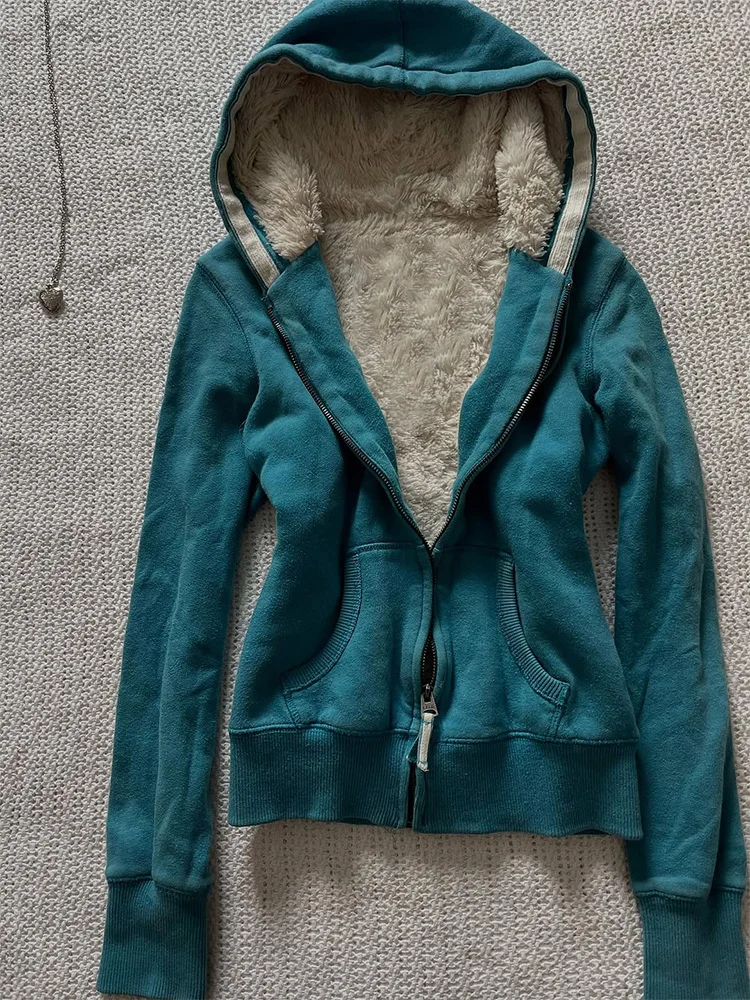 

Original Blue Hooded Jaet Women's Slim Fit Vintage Sle Outerwear Unique Beautiful Autumn Winter Cotton Blend Zipper Closure