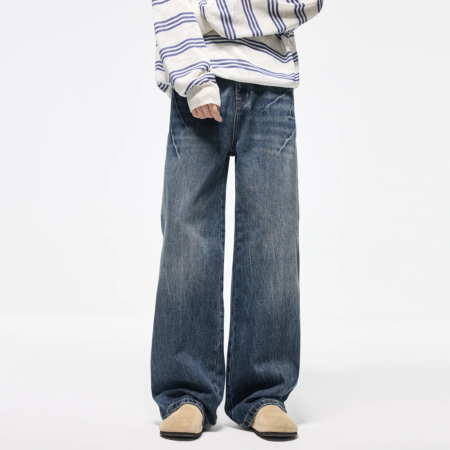 

Джинсы из чистого хлопка в американском стиле ретро, новые модные брендовые свободные и универсальные прямые широкие мужские повседневные брюки