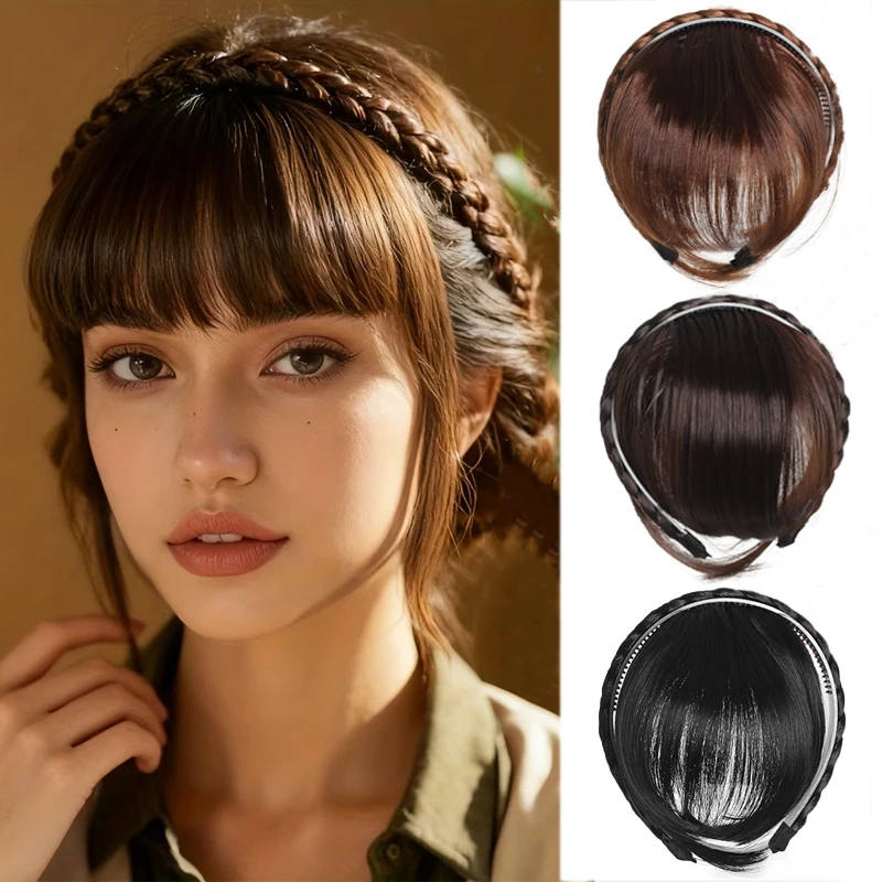 3‑Strand Braided Heat Resistant Synthetic Wig, Pre‑Cut Bangs Lightweight Breathable Wig for Women Daily & Christmas Party