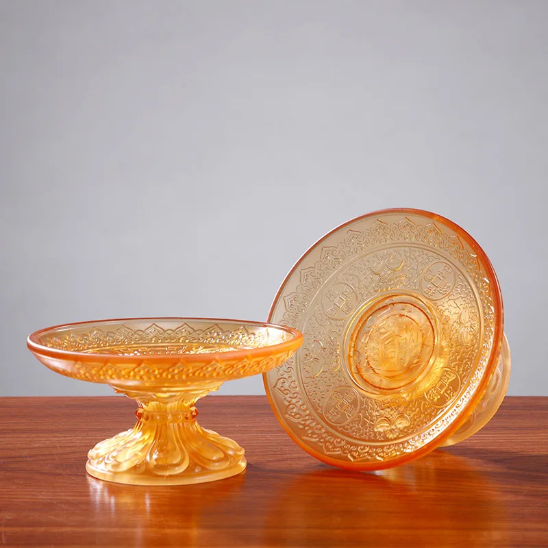 Colored Glaze Lotus Buddhist Offering Fruit Plate Altar Tribute Plate Buddha Hall Decoration
