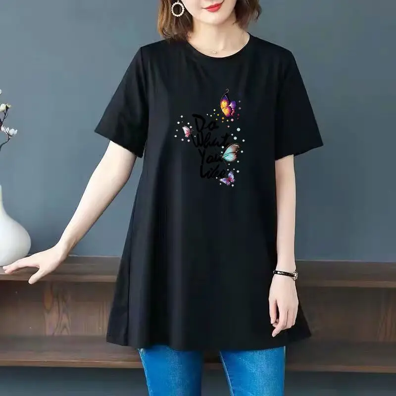 女性用半袖コットンフローラルプリントTシャツ,フローラルプリントバタフライデザインの服,ラウンドネック,ファッショナブル,2023