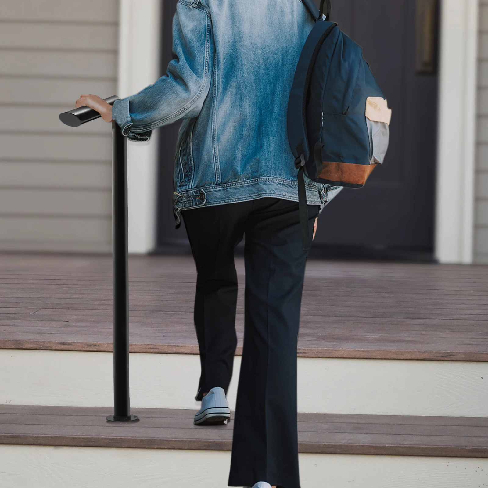 2-Step Handrail Single Post Handrail, 220 LBS Capacity Baking Varnish Iron Stairs Stylish Handrails for Outdoor Steps