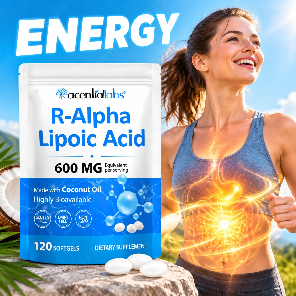 R-Alpha Lipoic Acid Softgels Promote Physical Vitality Increase Energy Boost Metabolism Supports Antioxidant Coconut Oil 120pcs