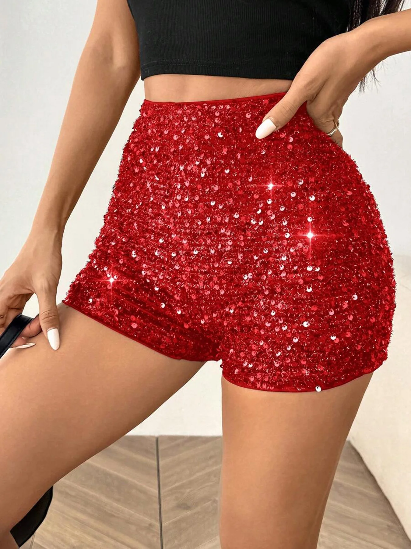 Women Sequins Black Low Rise Shorts Y2K Sexy Skinny Mini Shorts Summer Fashion Party Clubwear Costume Bottoms