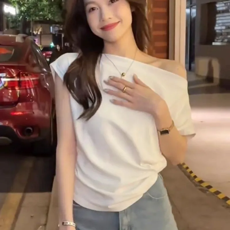 

Skinny Sexy White Y2k Crop Top Women Off Shoulder Spring T-shirt Japan Style Black Blouse Tees Summer T Shirt Fashion Clothing