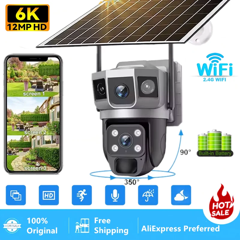 WIFI 12MP Dual Lens Three Screens Solar Camera CCTV Outdoor Automatic Human Tracking Low Power Battery CCTV Security Protection