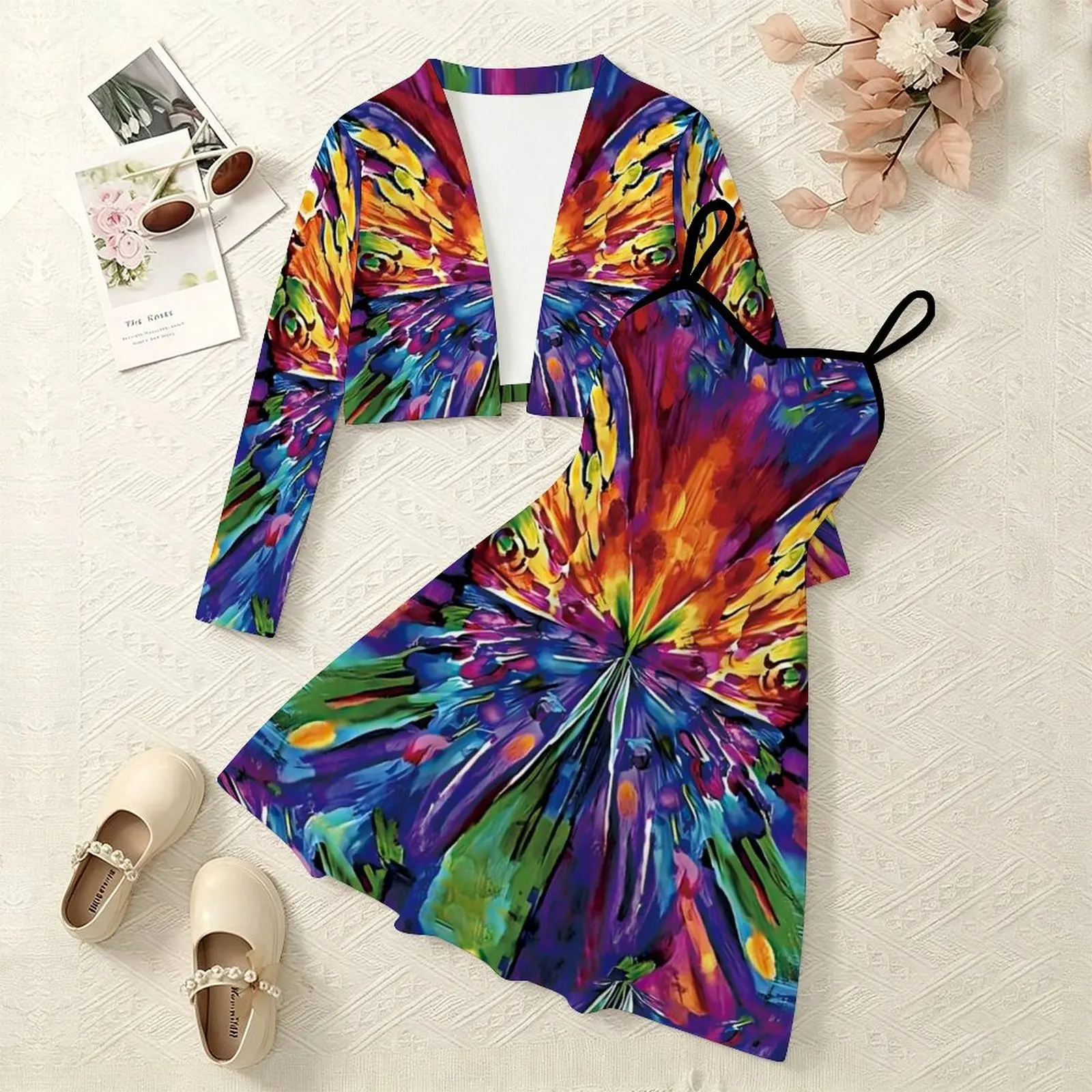 Retro Print Girls Two Piece Outfit, Long Sleeve Cardigan + Spaghetti Strap Dress, Sweet Adorable Kids Set,  for Beach Vacation