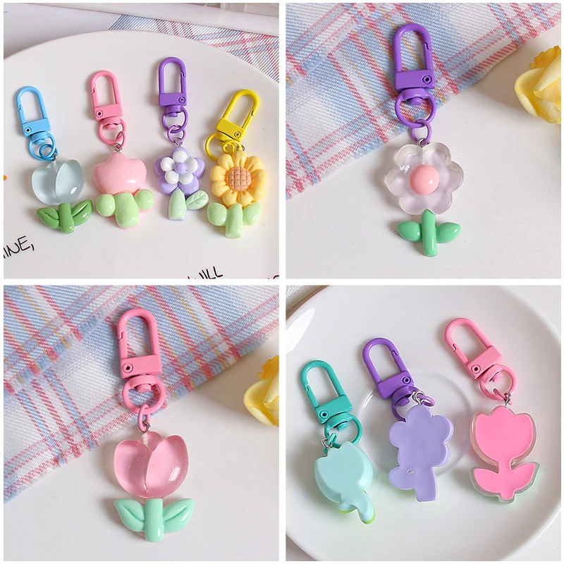 Cute Rabbit Flower Key Chains Kawaii Mini Tulip Flowers Keychain Girls Handbags Decorative Key Rings Pendant Accessories