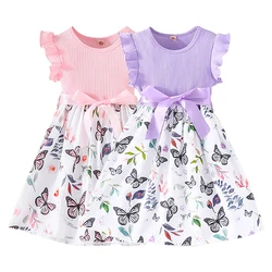 Cute and Comfortable Girls Summer Dress with Butterfly Print and Pitted Stripes Wear Special Occasions Girls Casual Dresses