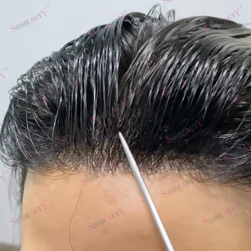 

80%Density Super Natural Frontline Undetectable 0.02mm Thin Skin PU Male Hairloss Solution Black Grey Afro Old Men Toupee System