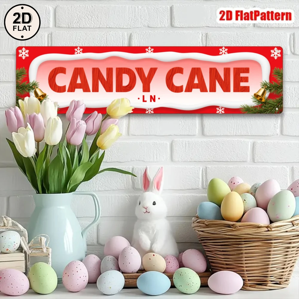 2D Flat,1 Piece Vintage Candy Cane Lane Sign -Aluminum Metal Wall Art Suitable for Outdoor Christmas, Winter Holiday Decorations