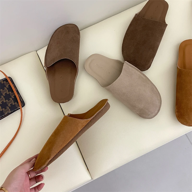 Solid Soft Leather Women Slides Outside Wearing 2023 Summer Mules Zapatos Mujer Ladies Shoes Korean Women\'s Slippers EU35-39