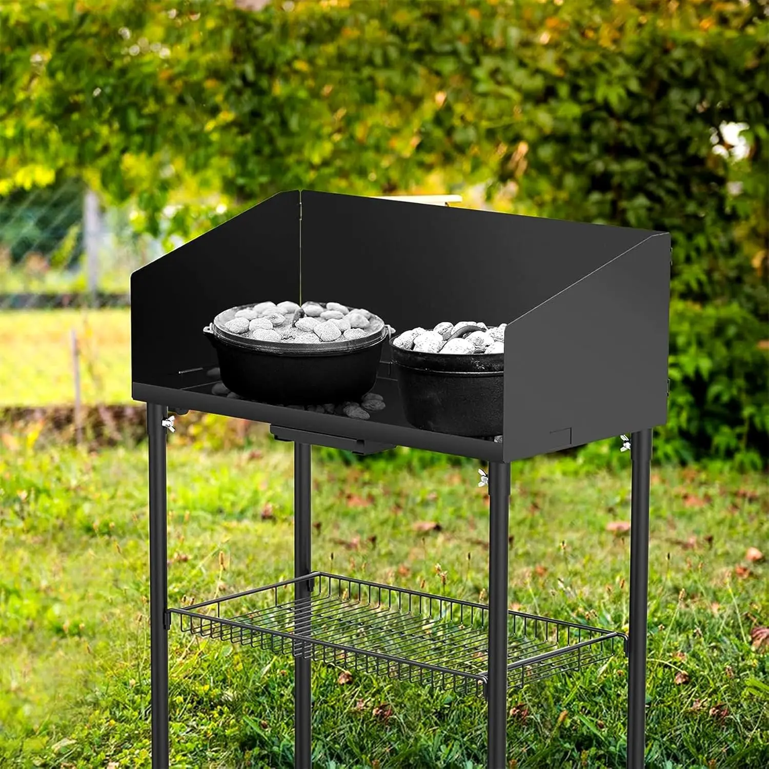 Camp Cooking Table for Dutch Ovens and Food Preparation, Collapsible Grill Table Camping Kitchen Station with Side Windscreen &