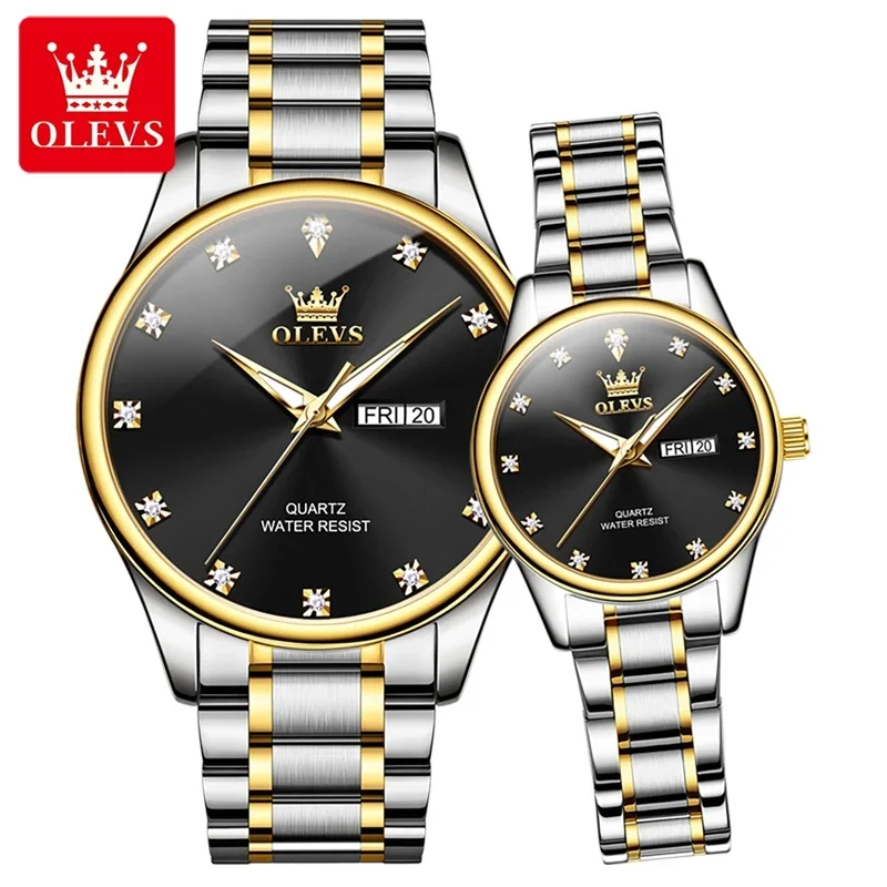 Olevs 3612 novo luxo quartzo casal relógio das mulheres dos homens à prova dwaterproof água brilho calendário semana clássico negócios relógio de pulso presentes shi