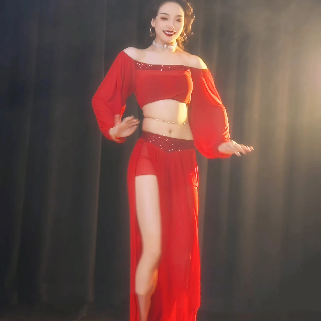 مجموعة أداء الرقص الشرقي بلوزة بأكمام طويلة مطرزة + تنورة طويلة مثيرة 2 قطعة ملابس ممارسة الرقص الشرقي للسيدات البالغات