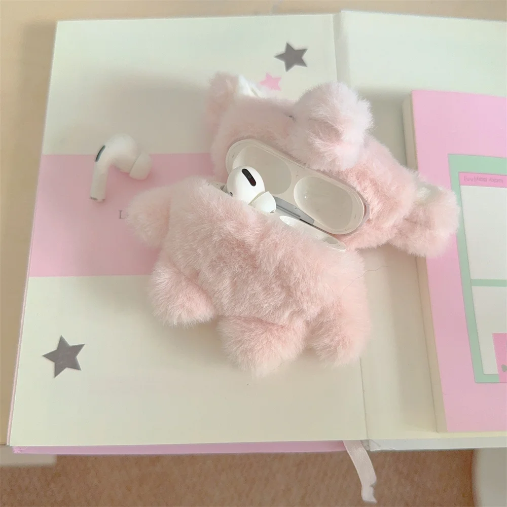 For Airpods Pro 3/Pro 2/4/3/2 Cute Furry Elephant Case 360 Degree Protective Earphone Bag Funda Airpods Pro Fluffy Pompom Cover view 3