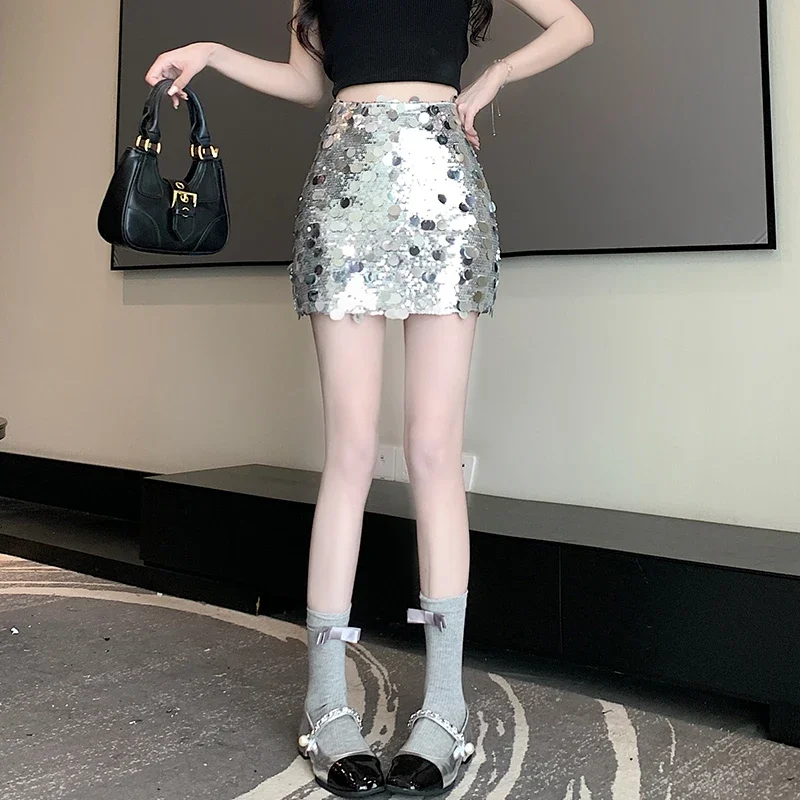 MiiiiX Sexy Hot Girl Silver Sequined Sheath Skirt Stylish A-line Slim Versatile Short Skirt 2024 Fashion Summer Women's Clothes