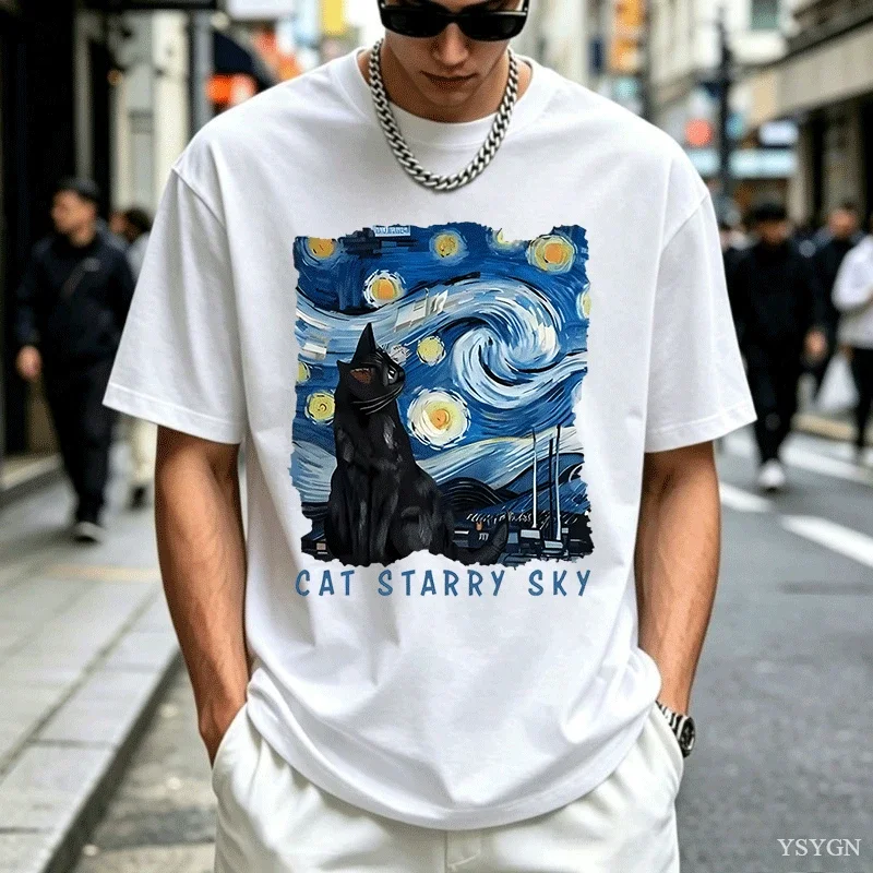 Cute Black Cat Starry Sky Night Vintage T-shirt Men Women Short Sleeve Round Neck Tshirt Casual Graphic Tshirt Clothes Tops