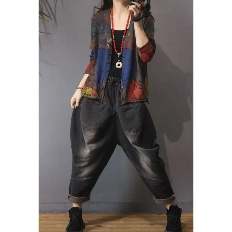 Vintage Printed Button Loose Casual Cardigan Sweaters Women's Clothing 2023 Autumn Winter Oversized Knitted All-match Tops