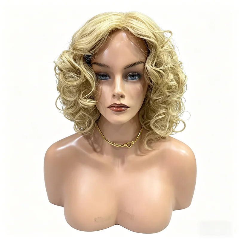 Fluffy short woolen curly synthetic wig with side-swept bangs, texturized ramen curls bob full headpiece, natural easy  maintain
